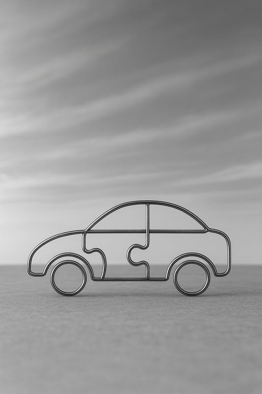 Im Vordergrund steht ein Auto aus Draht. Der Hintergrund ist gräulich verwaschen.