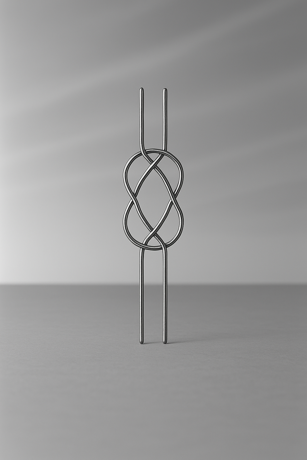 Im Vordergrund ist ein Draht der ineinander verwoben ist. Der Hintergrund ist gräulich verwaschen.