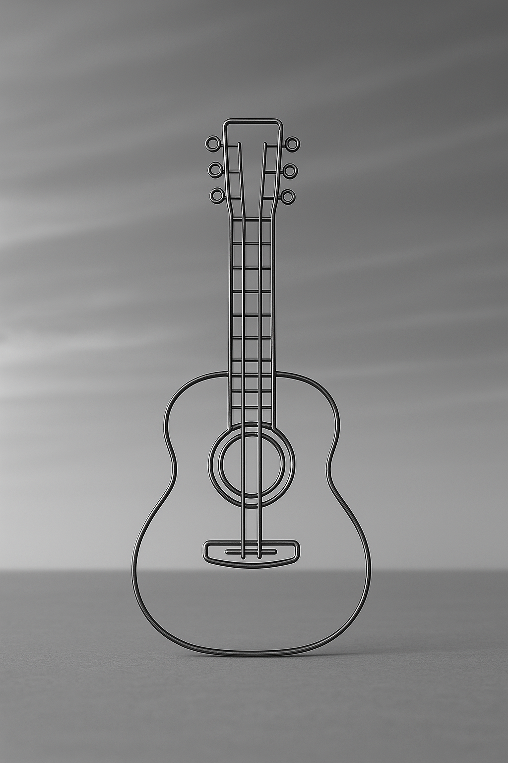 Im Vordergrund steht eine Gitarre aus Draht. Der Hintergrund ist gräulich verwaschen.