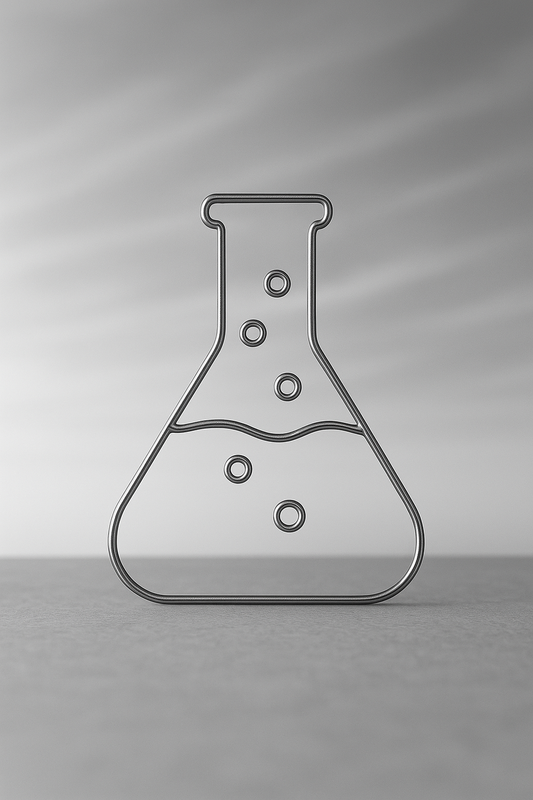 Im Vordergrund steht ein Chemiekolben aus Draht. Der Hintergrund ist gräulich verwaschen.