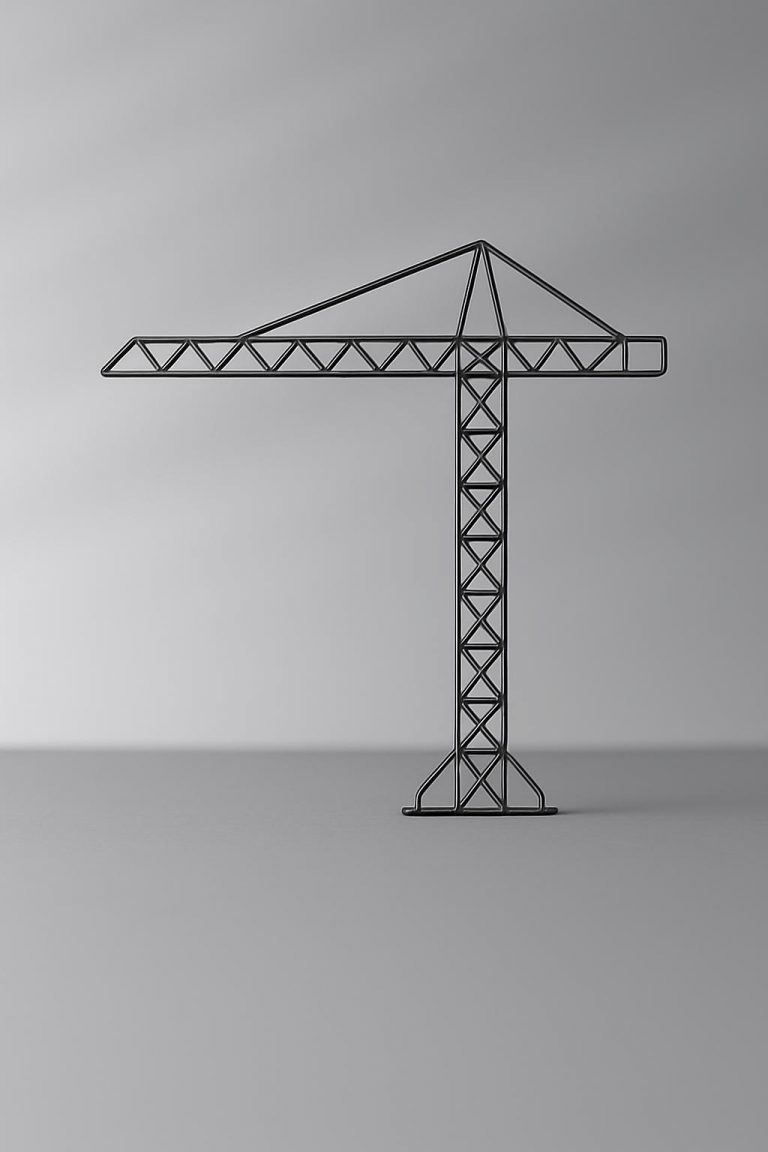 Im Vordergrund ist ein Kran aus Draht. Der Hintergrund ist gräulich verwaschen.