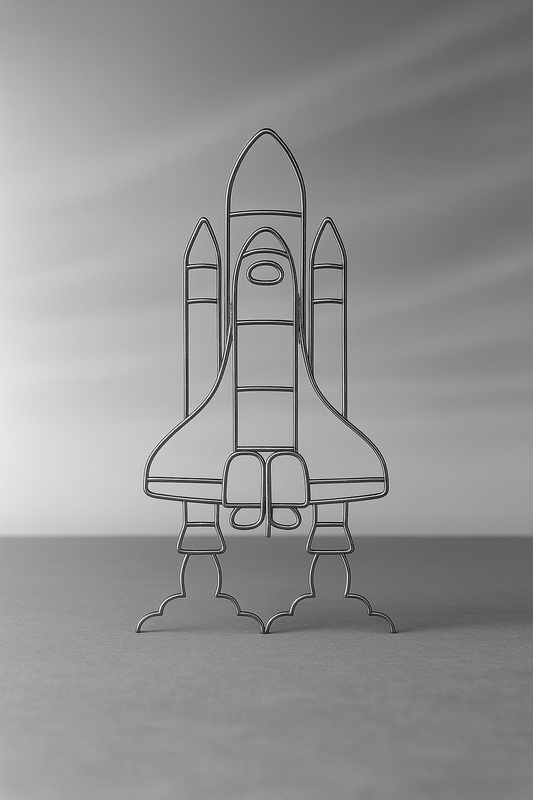 Im Vordergrund steht eine startende Rakete aus Draht. Der Hintergrund ist gräulich verwaschen.