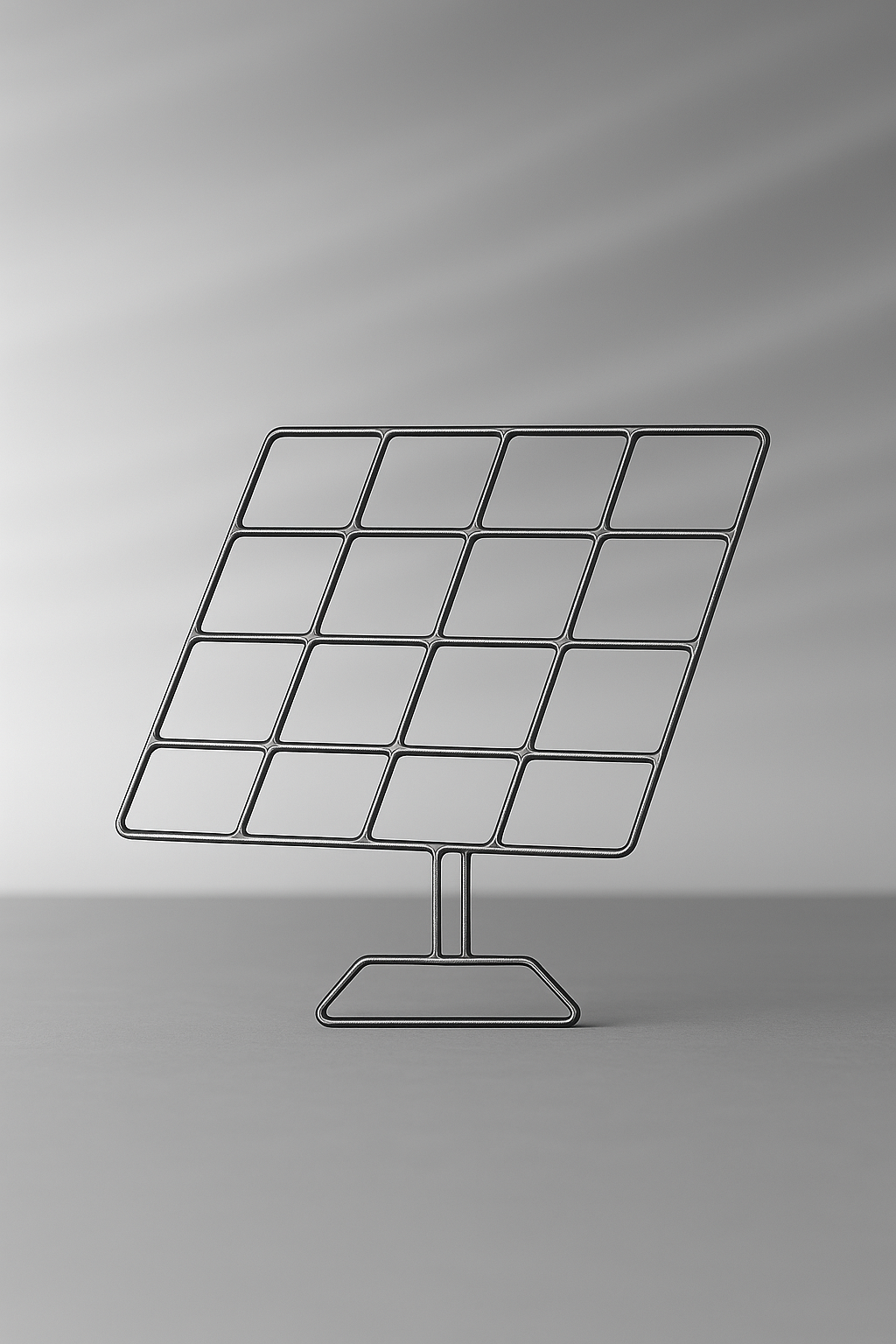 Im Vordergrund steht ein Solarpanel aus Draht. Der Hintergrund ist gräulich verwaschen.