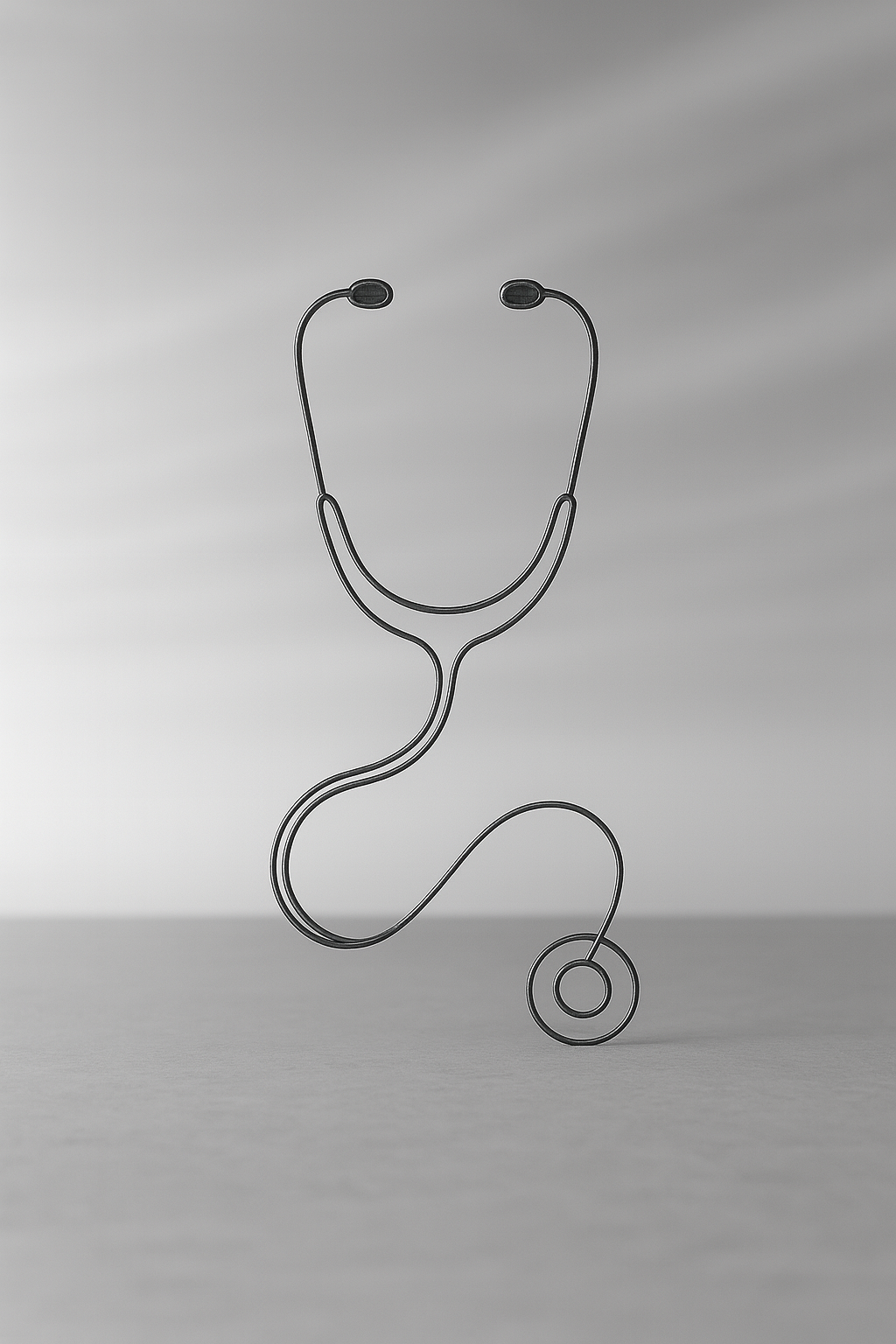 Im Vordergrund steht ein Stethoskop aus Draht. Der Hintergrund ist gräulich verwaschen.