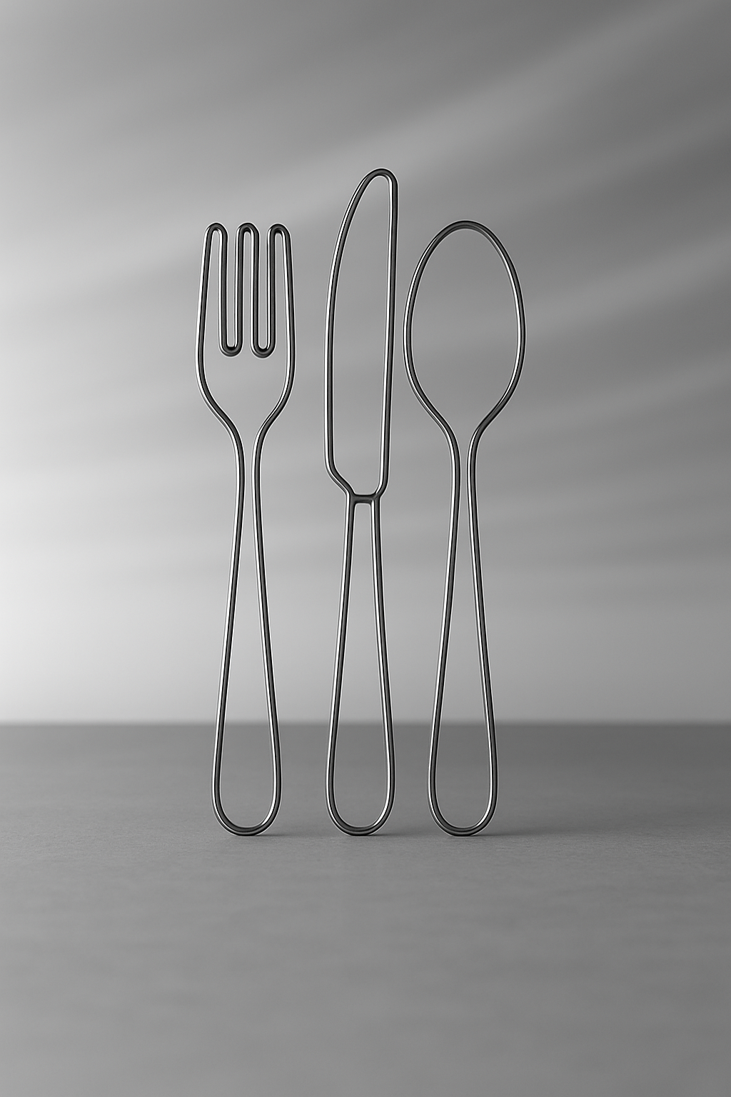 Im Vordergrund ist Besteck aus Draht. Der Hintergrund ist gräulich verwaschen.